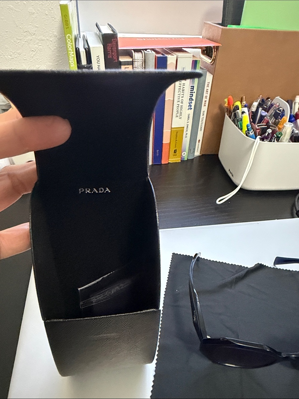 Prada Dark Blue Sunglasses with Gold Logo Accent - Picture 3 of 12
